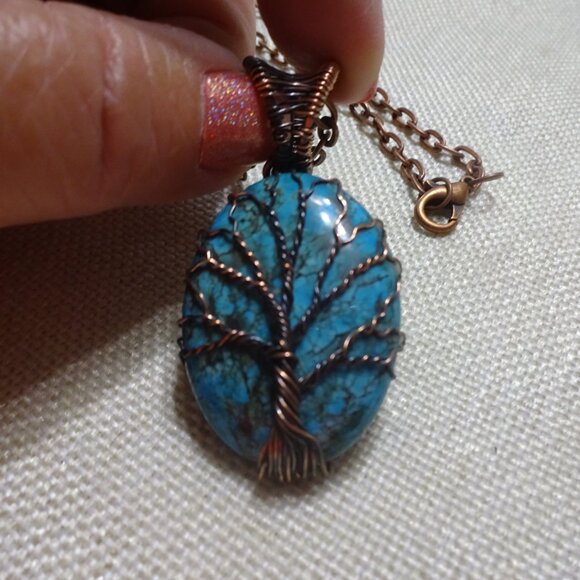 Rustic TURQUOISE Handmade COPPER WIRE-WRAPPED TREE Pendant/Chain #354C - Picture 3 of 3
